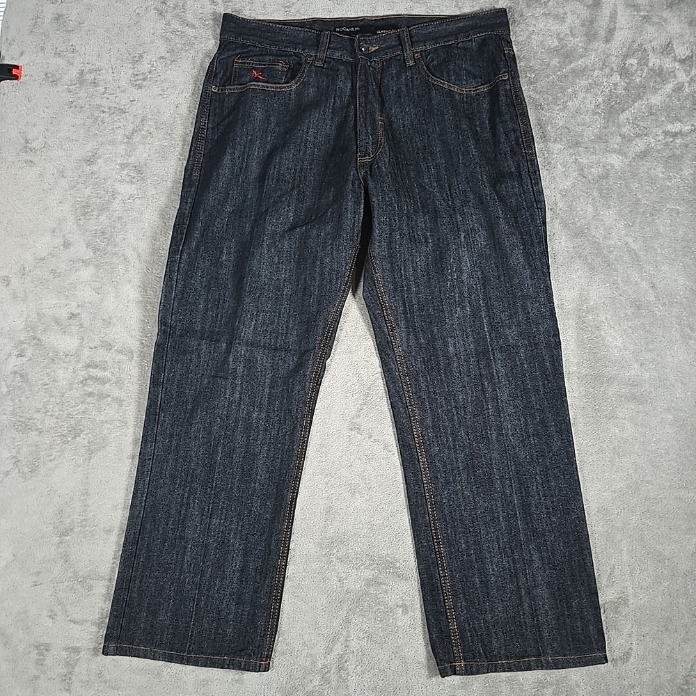 RocaWear Jeans Mens 36 Blue Denim‎ Classic Fit Dark Wash Embroidered Wide Leg